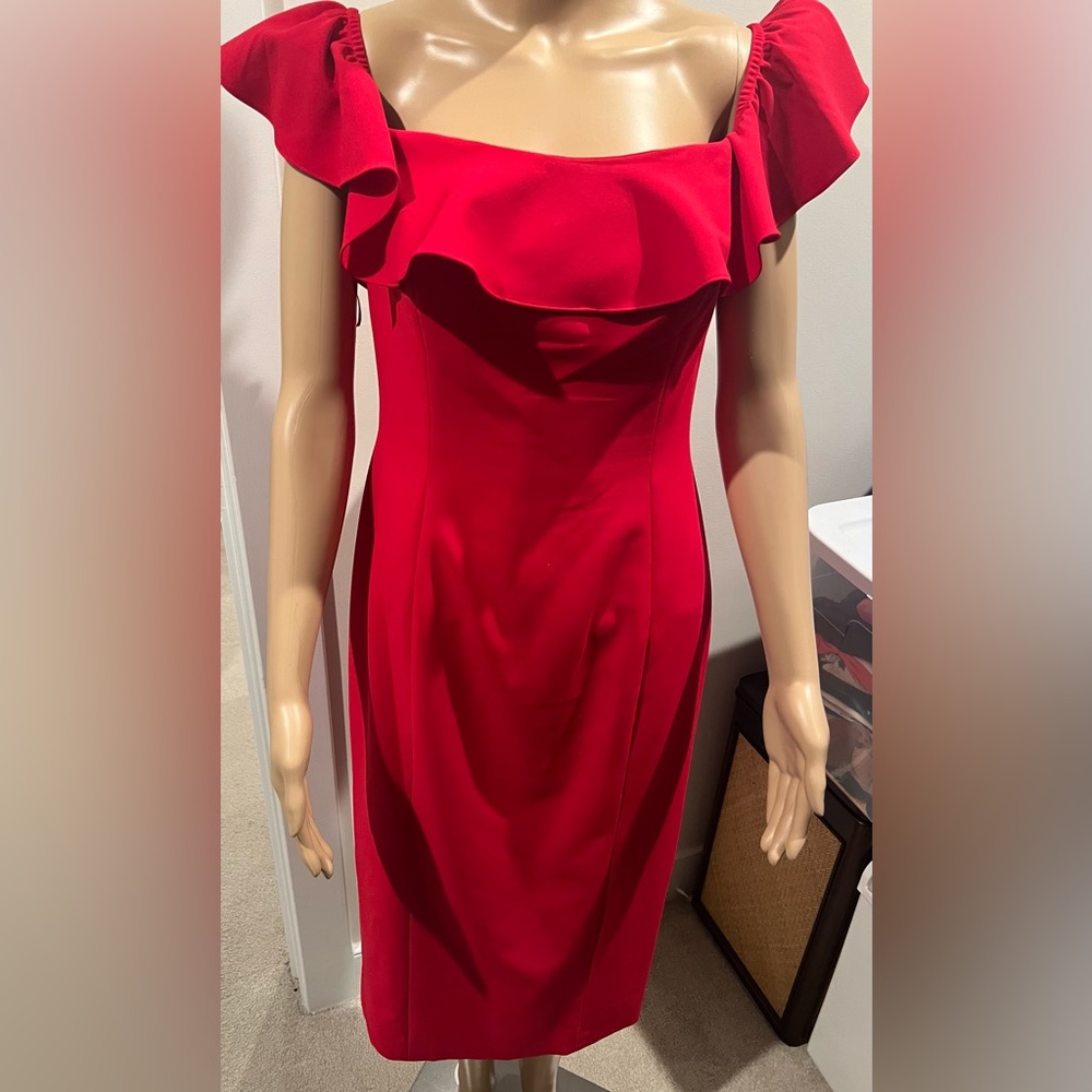 Jay Godfrey red square neckline midi dress with soft ruffles seeetheart sleeve